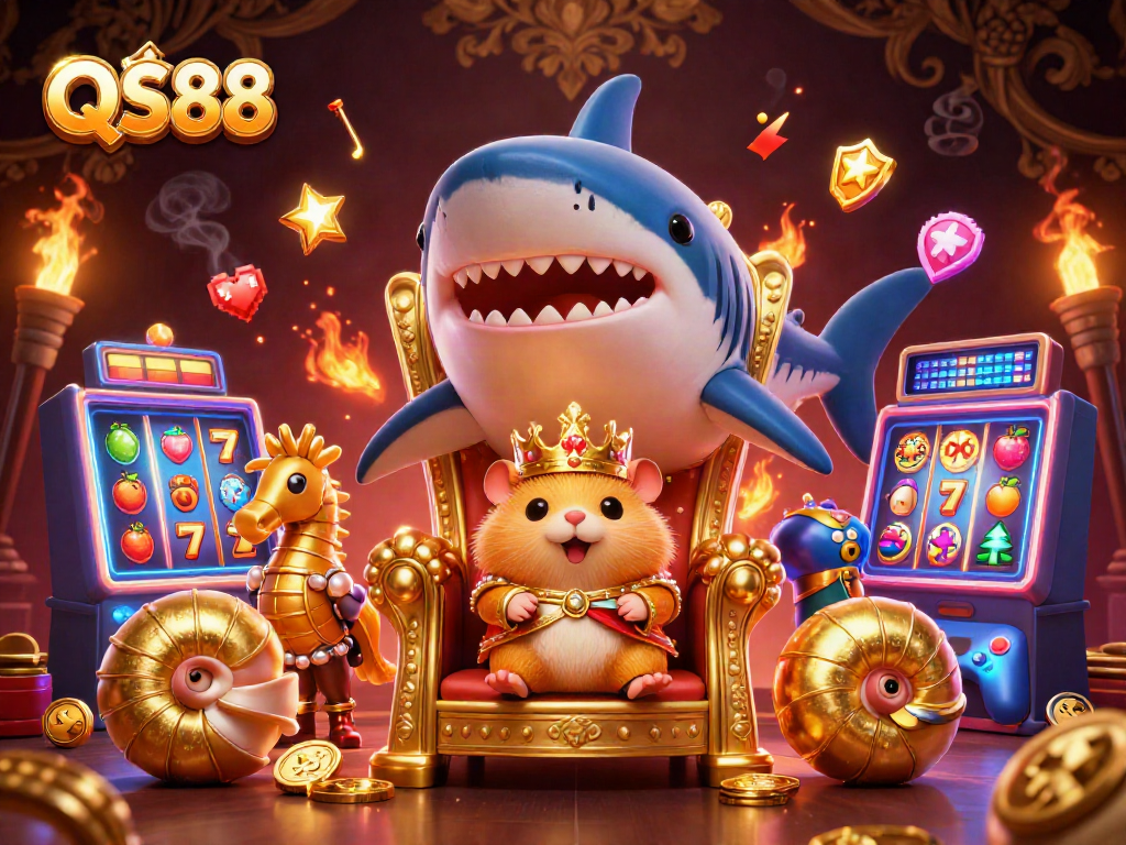 Engage with QS88's vibrant casino experience featuring golden hamster king and dynamic slot machines.