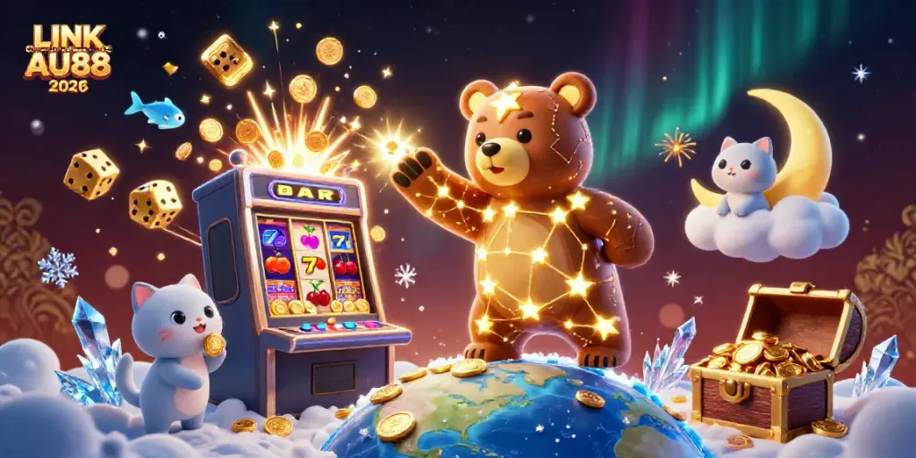Play and win with LINK CHÍNH THỨC AU88 2026 in this vibrant casino-themed 3D scene.
