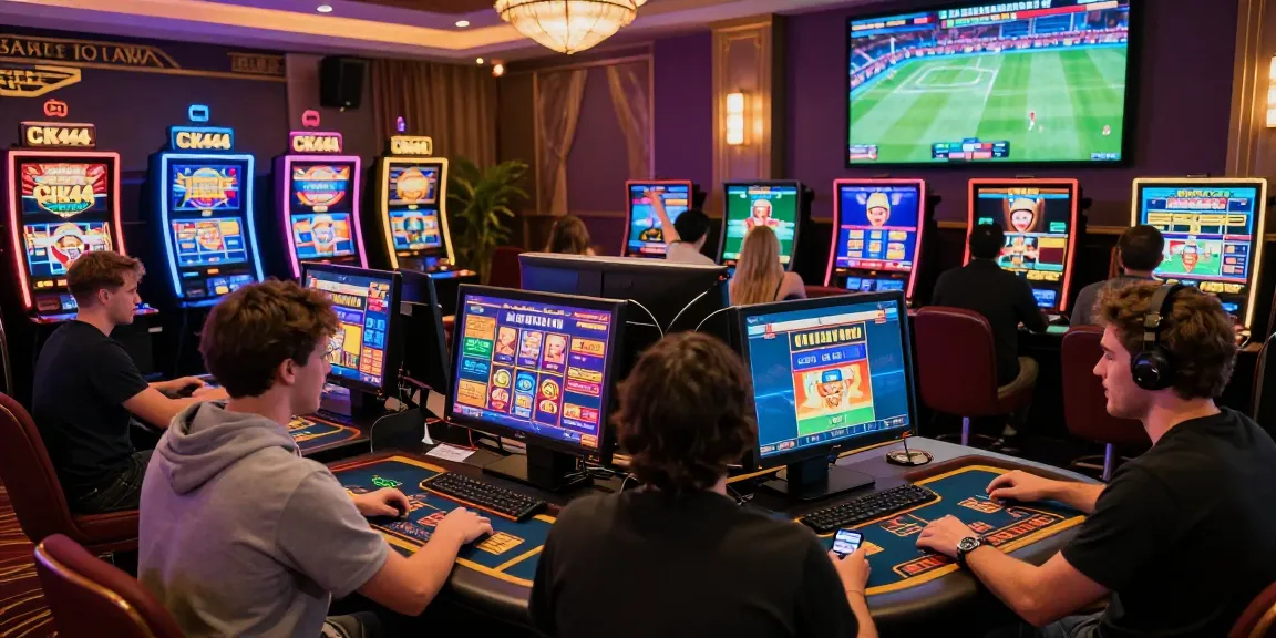 CK444 online casino players enjoying diverse games in a vibrant, modern environment