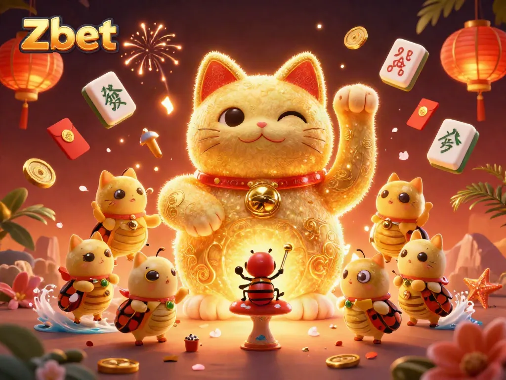 Zbet showcases a vibrant casino scene with a lucky cat, golden fireflies, and dynamic gamified elements, embodying a lively gambling atmosphere.