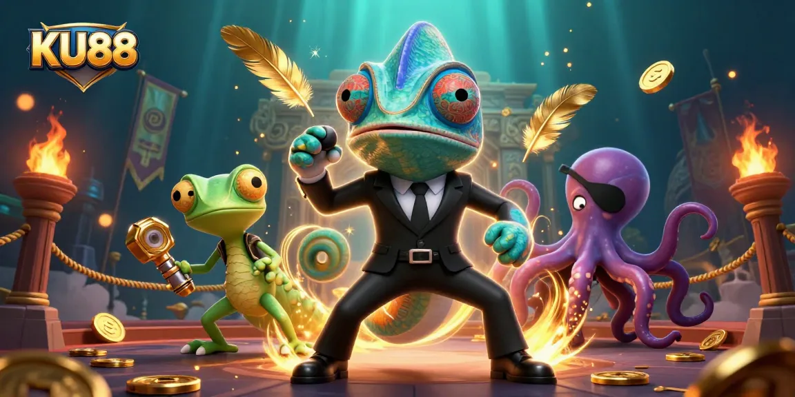Engage in thrilling slots action with KU88, featuring dynamic 3D characters in a vibrant casino scene.