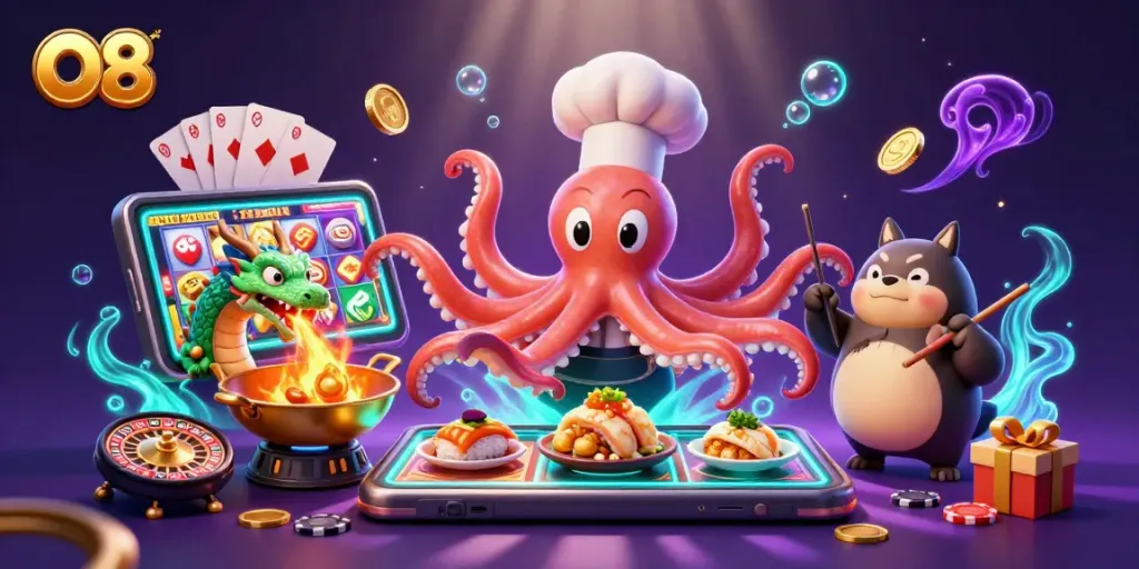 Experience thrilling gameplay at O8 with a vibrant 3D scene featuring a chef octopus, dragon, and tanuki amidst dynamic casino elements.