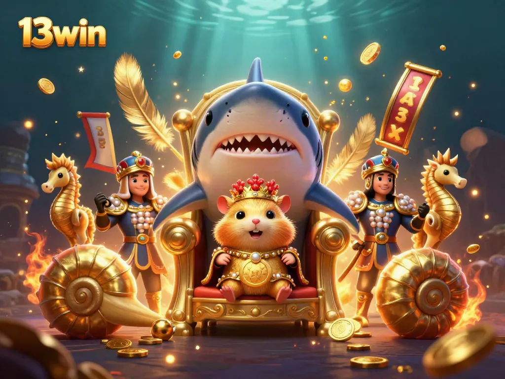 Experience exciting gaming at 13win with a dynamic scene of a golden hamster king and vibrant casino elements.
