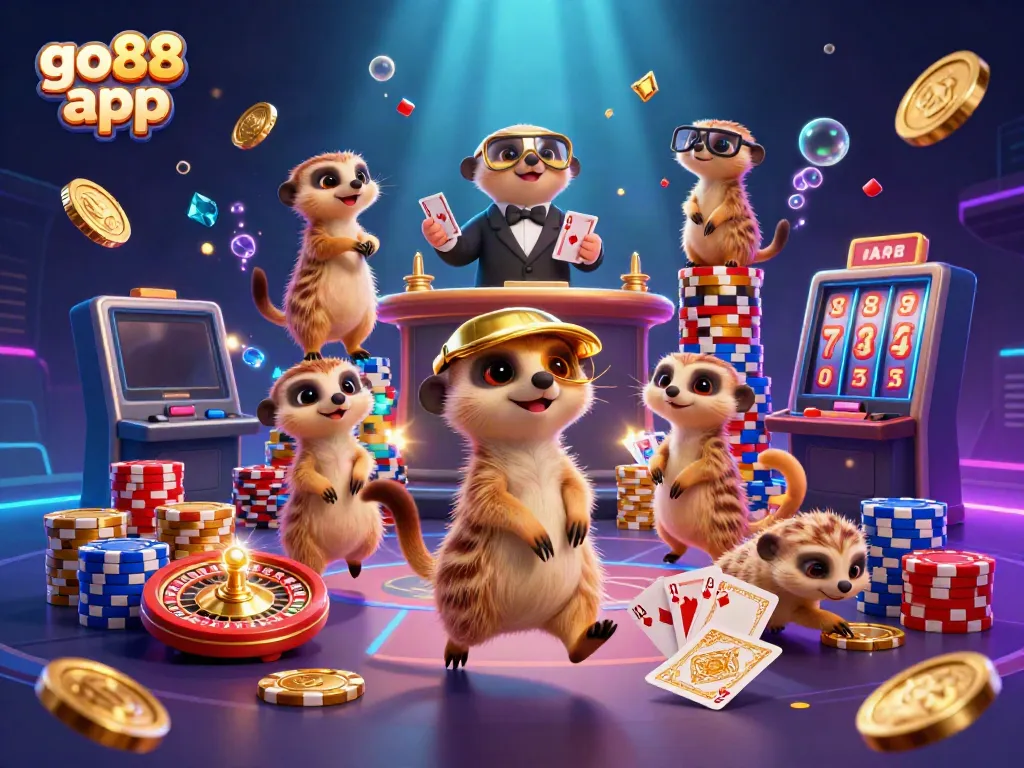 Engage with the go88 app's vibrant, dynamic casino scene featuring playful meerkats and colorful gaming elements.