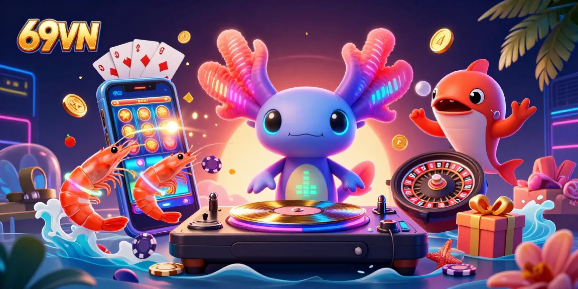 The vibrant 69VN-themed illustration showcases a neon axolotl DJ spinning at an underwater casino party.