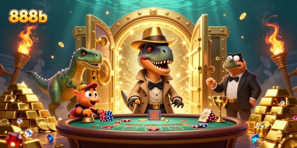 Catch the thrilling action at 888b with a velociraptor card counter and a pit boss amidst gold and gems.