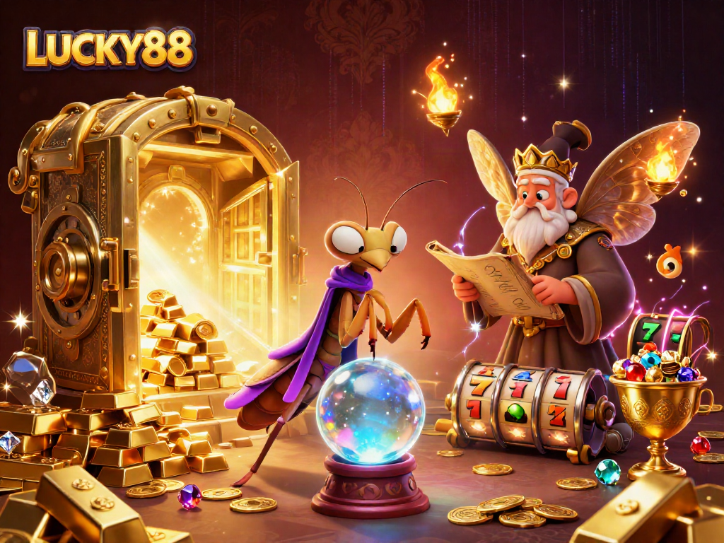 Experience winning moments with LUCKY88 in this vibrant casino-themed illustration.