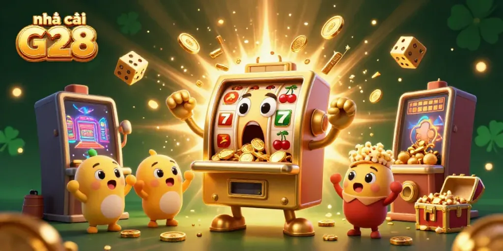 Cash out big with nhà cái G28 illustrated featuring a joyful slot machine and golden rewards.