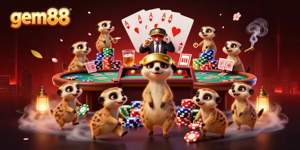 Experience the vibrant world of gem88 with meerkats managing a lively casino, showcasing rich game elements.