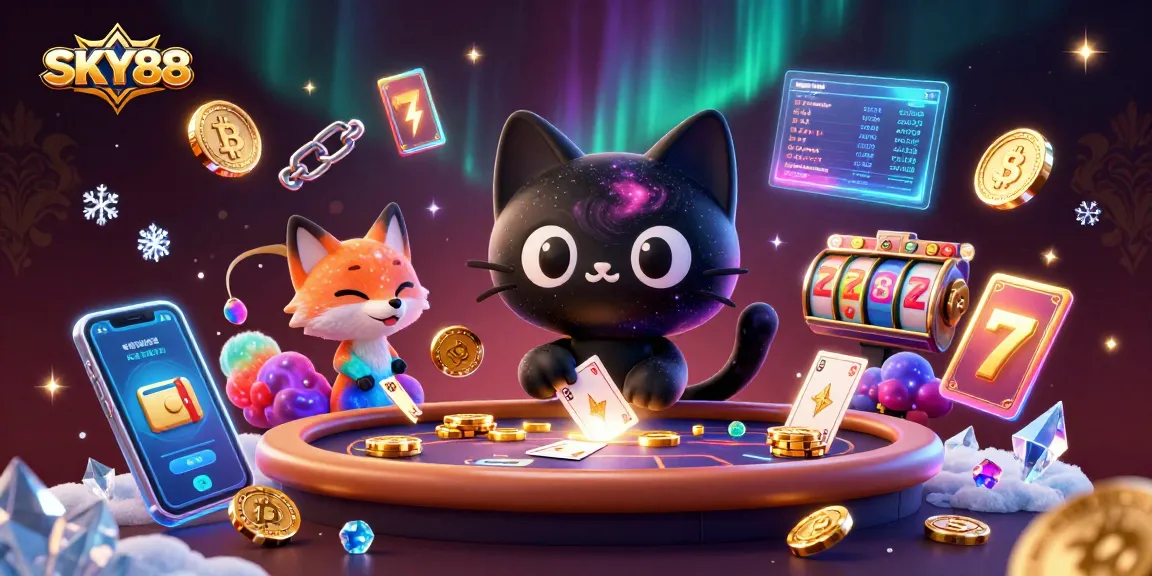 SKY88 immerses players in a cosmic casino with vibrant characters and crypto elements.