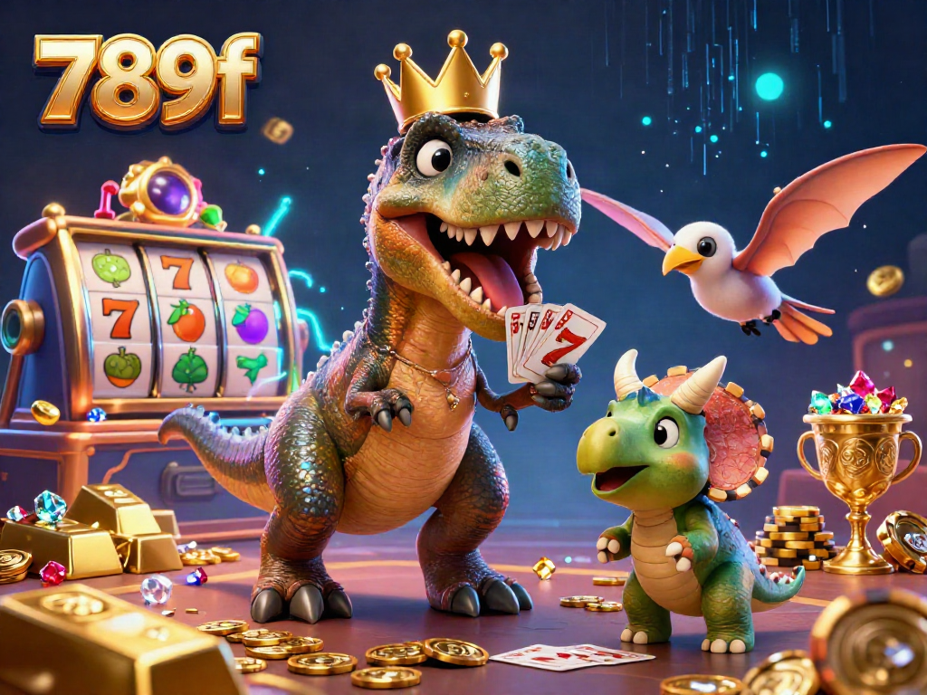 Experience thrilling gaming at 789f with a cheerful T-Rex and friends amidst vibrant casino elements.