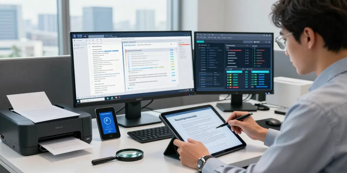 Expert analyzing documents for document fraud detection with advanced workflow tools in a corporate office environment.