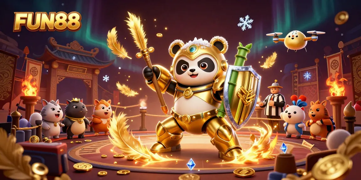 Engage with FUN88 in a vibrant 3D casino world where a golden panda battles in an exciting arena.