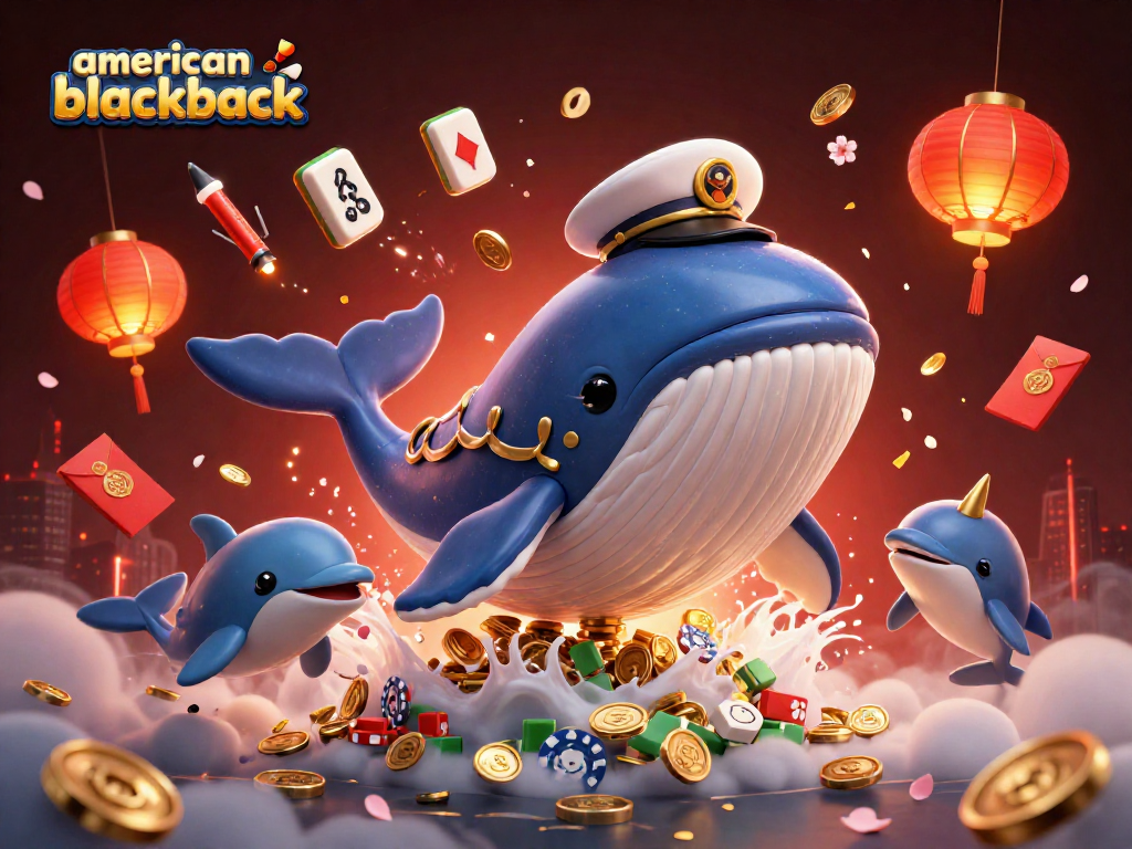 Experience the excitement of american-blackjack with a whale and dolphins surrounded by golden casino elements.