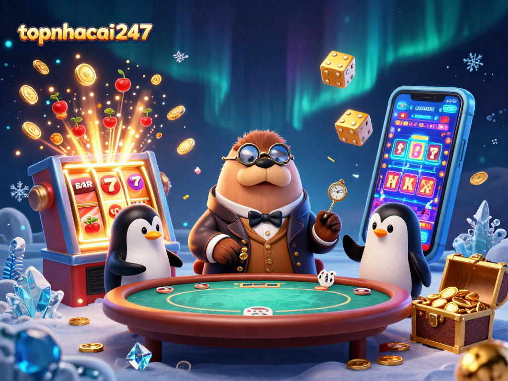 Engage with thrilling gameplay at topnhacai247 as walrus and penguin dealers shine at an underwater poker table.