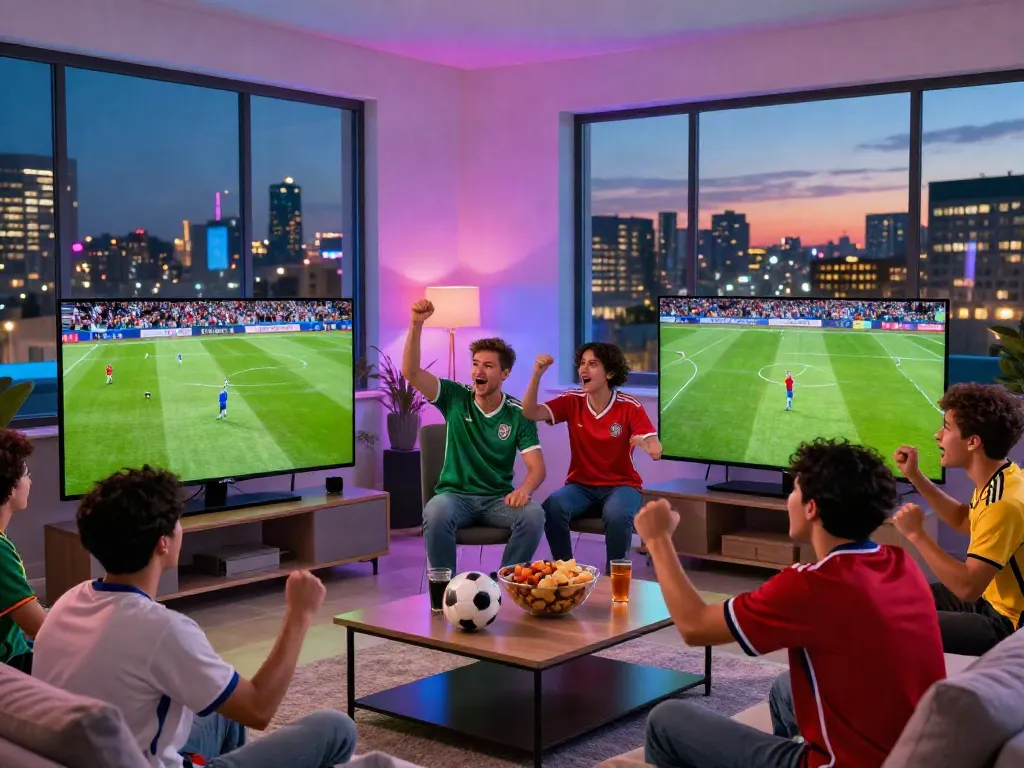 Xoilactv fans enjoying a live soccer match in a vibrant living room.