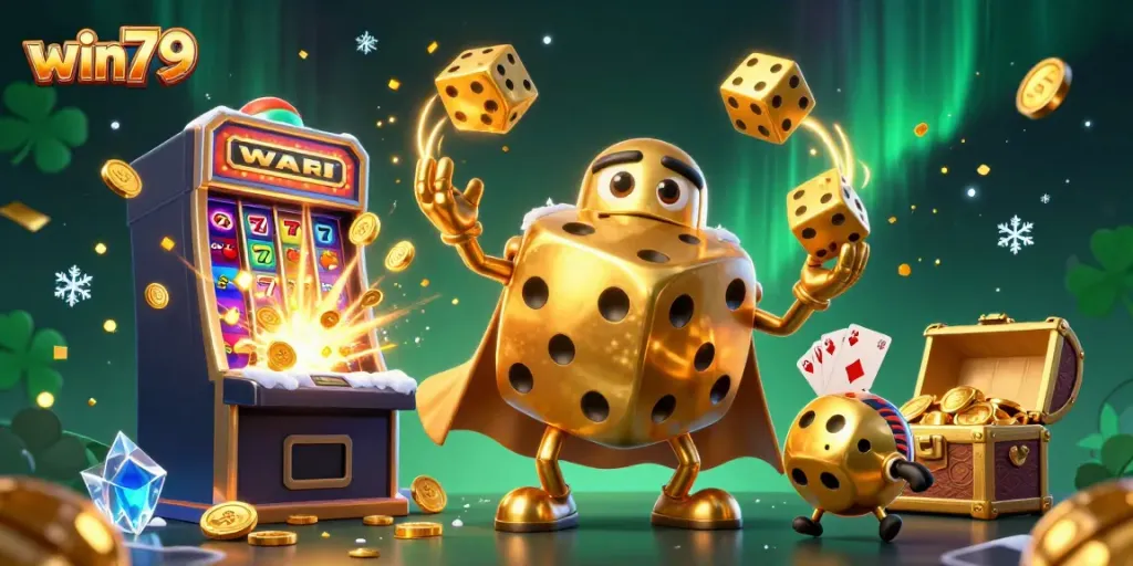 Win79 showcases a vibrant scene with a golden dice golem and casino elements bursting with excitement.