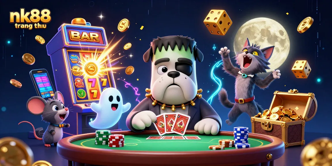 Interact with nk88 trang chủ at an exhilarating casino scene featuring lively characters and dynamic game elements.