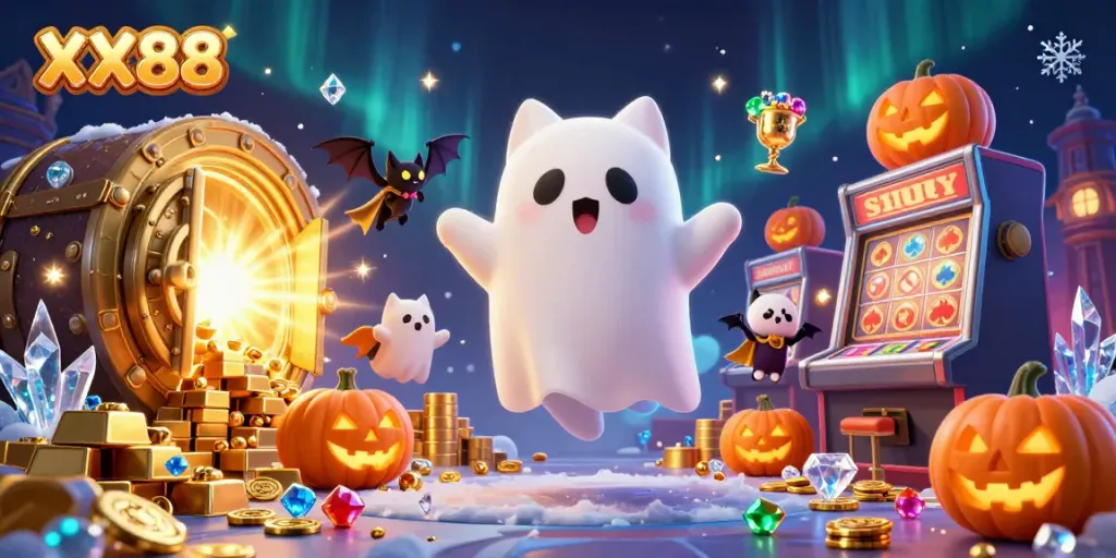 Engage with the enchanting world of XX88, where a ghost cat and bat navigate a vibrant, haunted casino.