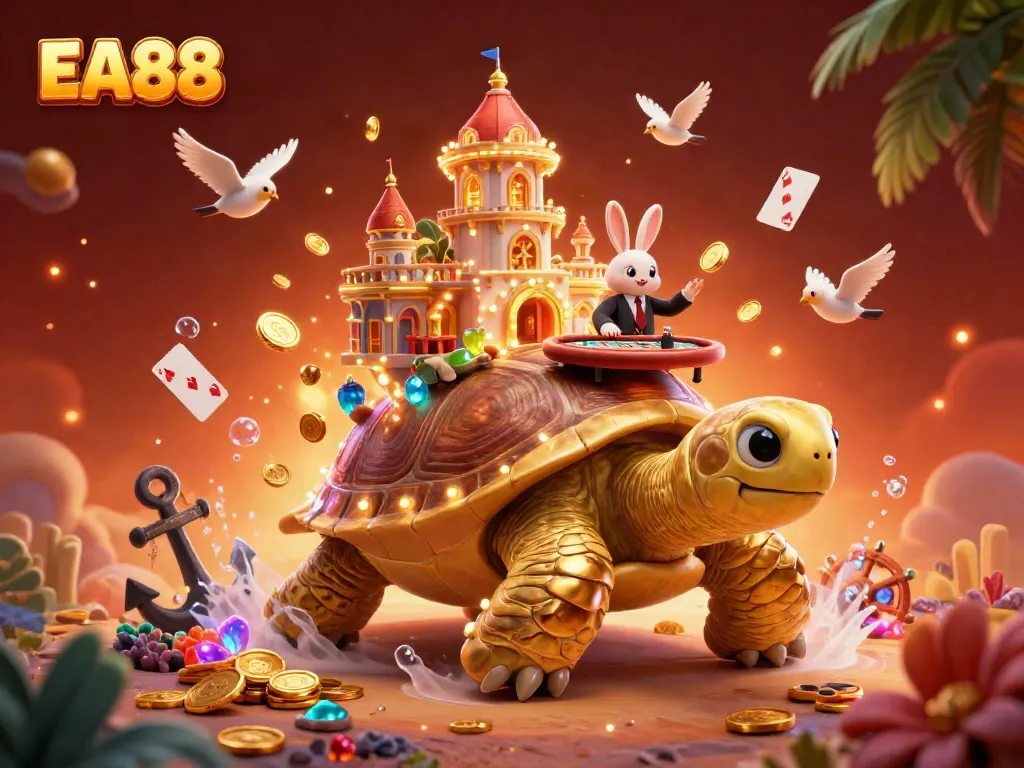 Experience EA88 with an animated golden tortoise casino featuring a rabbit dealer and captivating game elements.