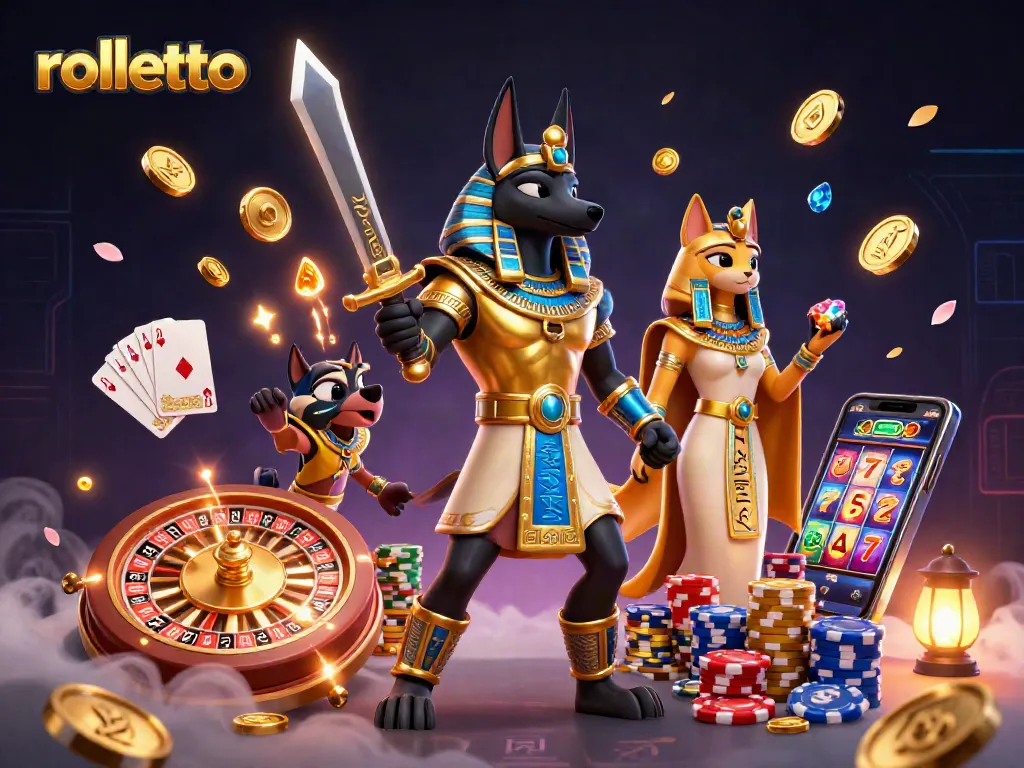 Experience thrilling gameplay at Rolletto with a dynamic casino scene featuring various games, characters, and bonuses.