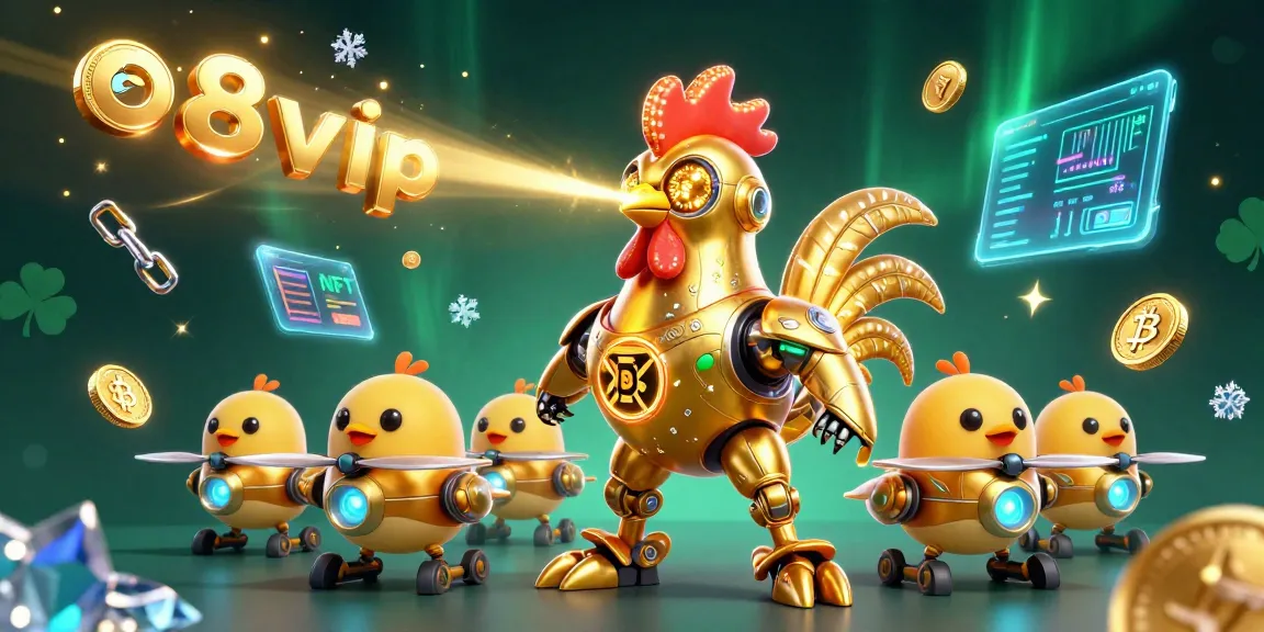 Engage with exciting games at o8vip, featuring a vibrant 3D illustration of a golden rooster robot in a dynamic casino environment.
