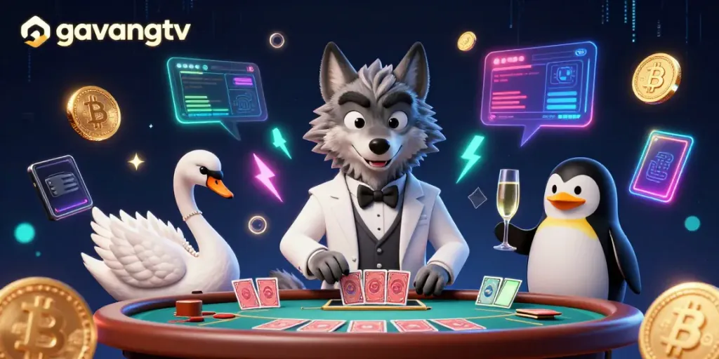 Engage with gavangtv at a baccarat table featuring a debonair wolf, swan dealer, and penguin sommelier.