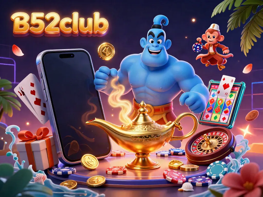 B52club captivates players with a vibrant 3D genie scene featuring a smartphone slot game and poker elements.