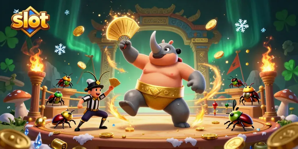 Experience thrilling slot excitement with a rhinoceros beetle sumo champion amid flying golden coins.