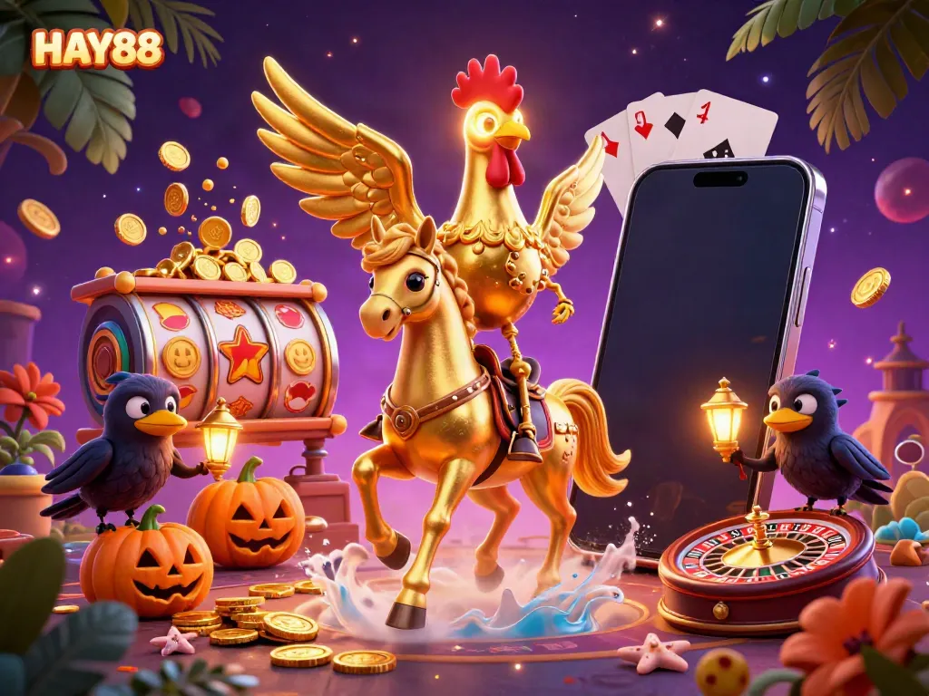 Experience thrilling gaming action at HAY88 with a vibrant midnight casino scene featuring a golden rooster and colorful gaming elements.