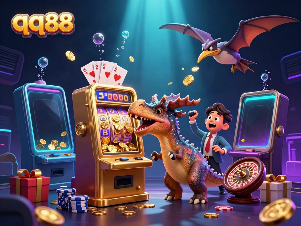 Experience jackpot excitement with qq88 as cartoon dinosaurs make a golden slot machine pay out coins.