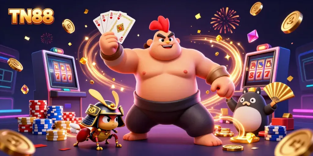 Engage with TN88: A captivating 3D casino scene showcasing dynamic gambling action and vivid animations.