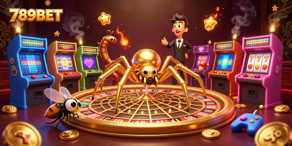 Experience the thrill of 789BET with an engaging 3D casino scene featuring a golden spider and thrilling gaming elements.