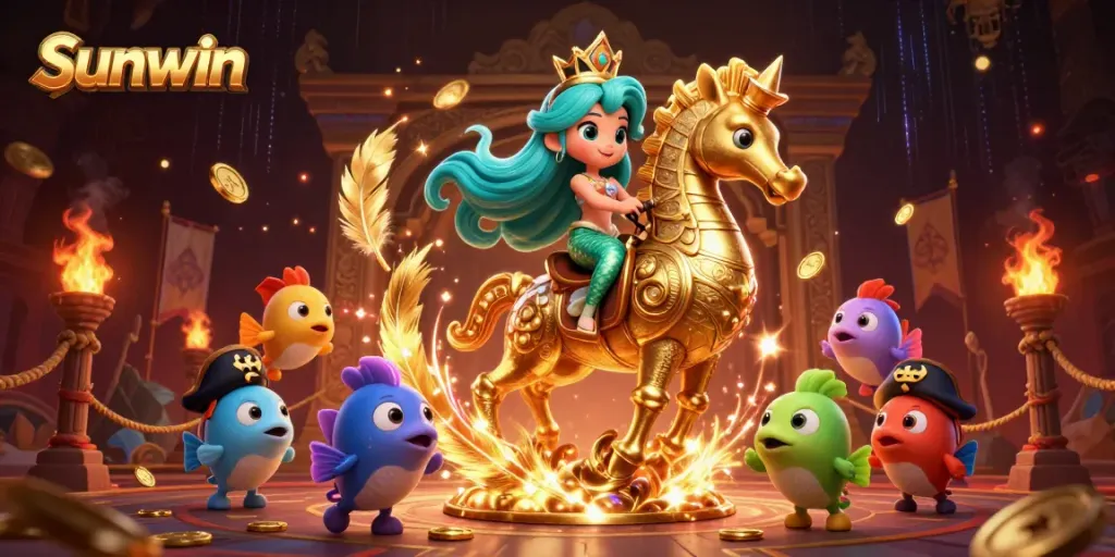Experience thrilling action with the Sunwin mermaid princess and seahorse in a vibrant underwater casino scene.