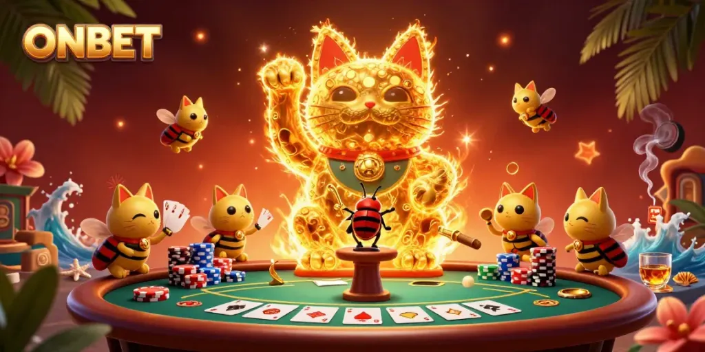 Experience ONBET excitement through vibrant 3D illustration showcasing a lucky cat and poker elements.