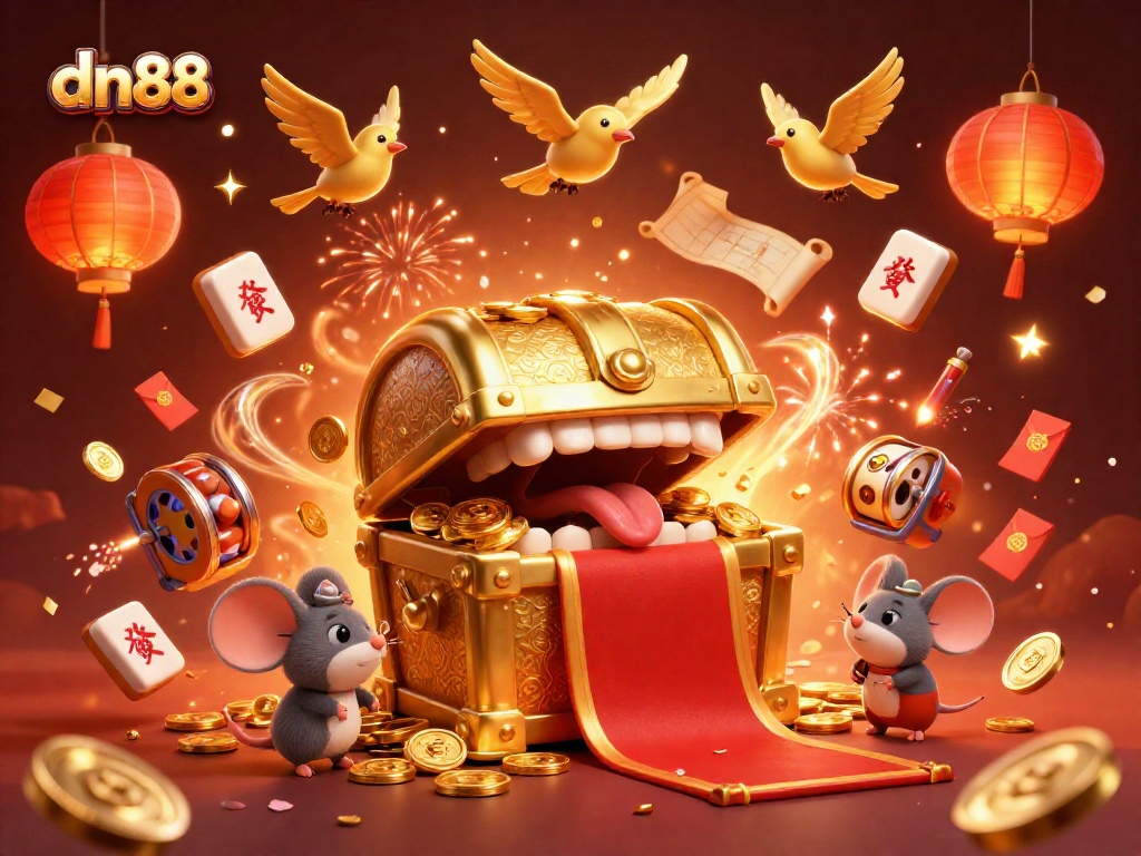 Win big at dn88 with 3D treasure chests and gaming elements amidst dazzling casino symbols.