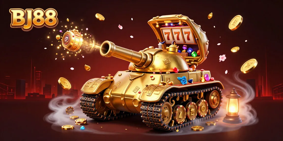 BJ88 showcases immersive 3D gaming with vibrant slot reels and dynamic casino scenes in a gold-themed extravaganza.