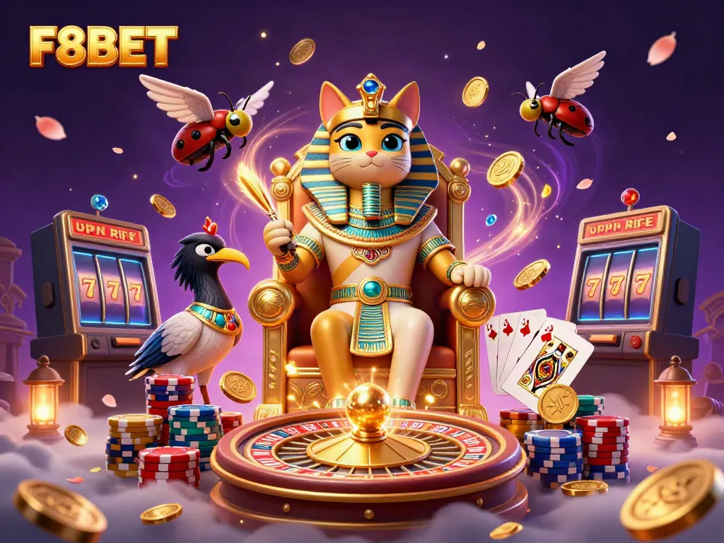 Engage with F8BET's vibrant gaming scene featuring pharaoh and scribe in a rich 3D casino world.