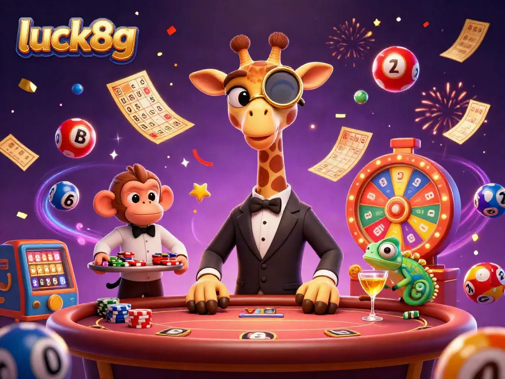 Experience the excitement of luck8g with a high-roller giraffe, monkey valet, and chameleon bartender surrounded by vibrant casino elements.