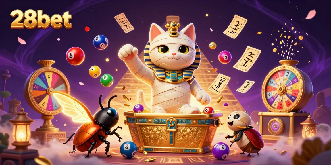 Experience thrilling 28bet gaming as the mystical mummy cat and its companion emerge in a vibrant casino.