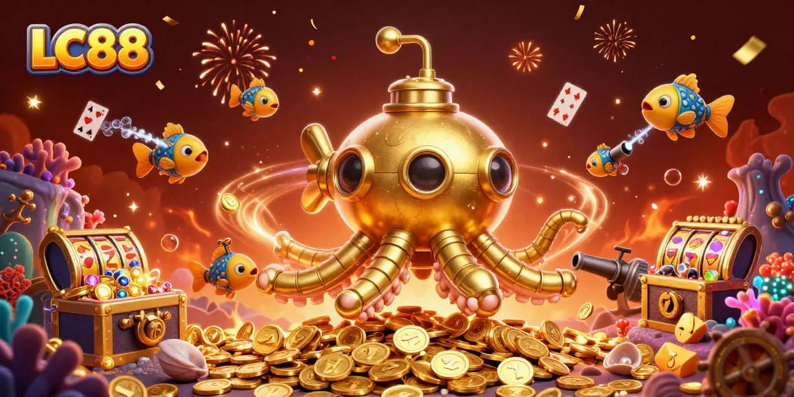 Engage with LC88's thrilling casino adventure featuring a golden kraken and vibrant treasures.