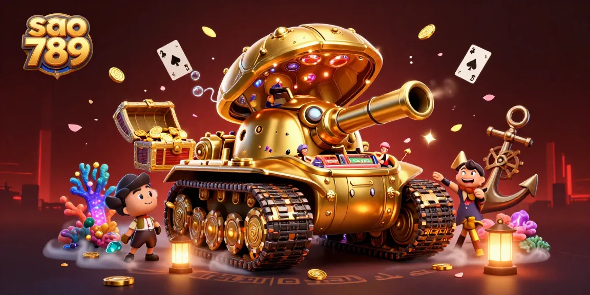 Sao 789 showcases a vibrant casino scene within a golden tank, bursting with treasures and excitement.