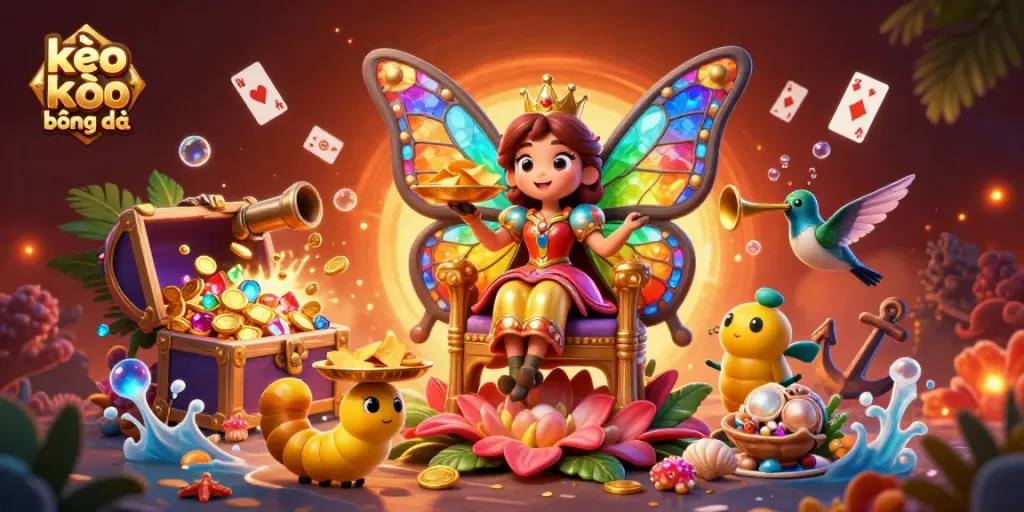 Transform your betting experience with kèo bóng đá featuring a vibrant 3D butterfly queen amidst sparkling treasures and dynamic casino elements.