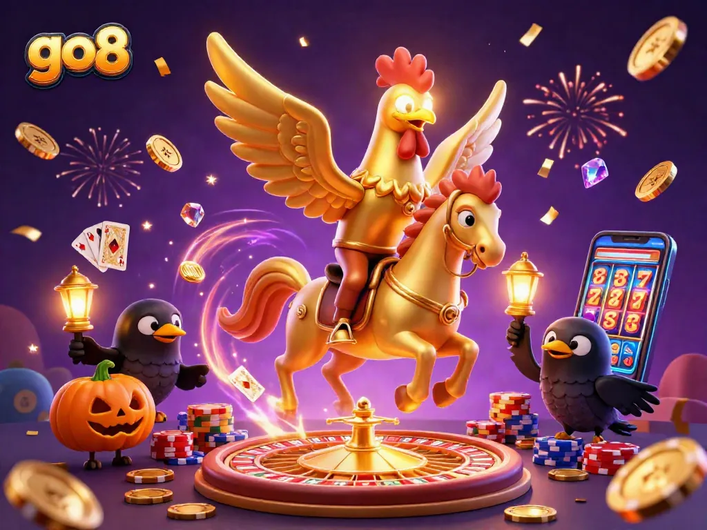 Experience thrilling go8 casino gaming with a golden rooster riding a spectral horse amidst cascading gems and coins.