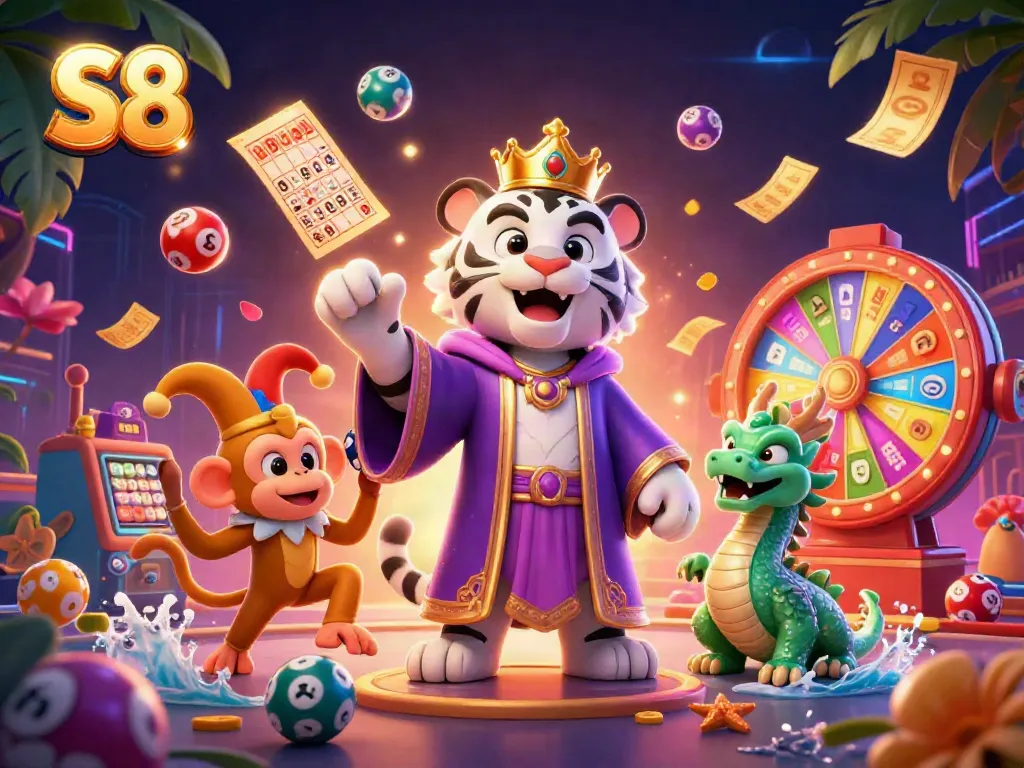 S8 captivates players with an engaging casino scene showcasing a royal tiger, monkey juggling chips, and dynamic lottery elements.