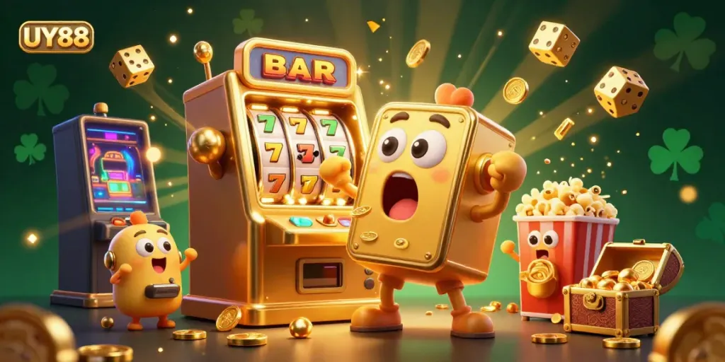 Spin to win with UY88, a vibrant 3D scene filled with joyful slot machines and treasure!