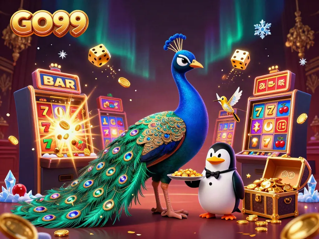 Engage with GO99's vibrant casino scene featuring a peacock, penguin, and hummingbird surrounded by slot machines.