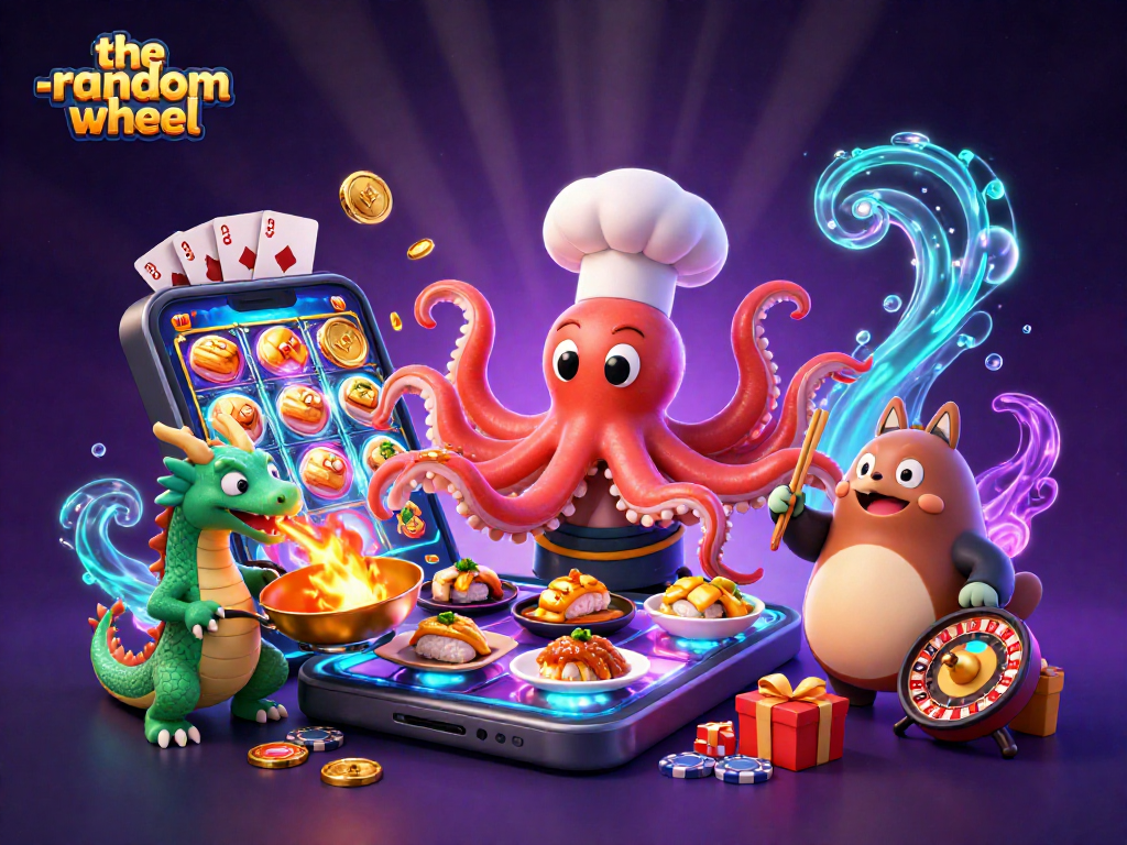 The-random-wheel showcases an exciting 3D cartoon scene of a sushi chef octopus, dragon, and tanuki in a colorful casino setting, enhancing gaming experience.