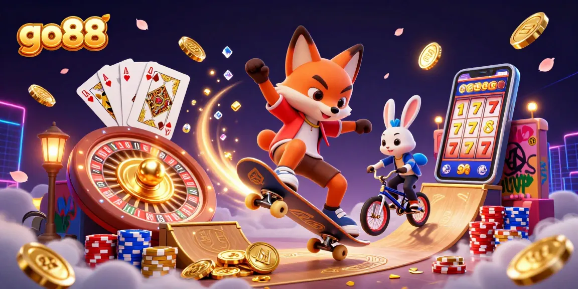 Go88 showcases excitement with animated 3D characters in a vibrant casino scene, celebrating winning moments.