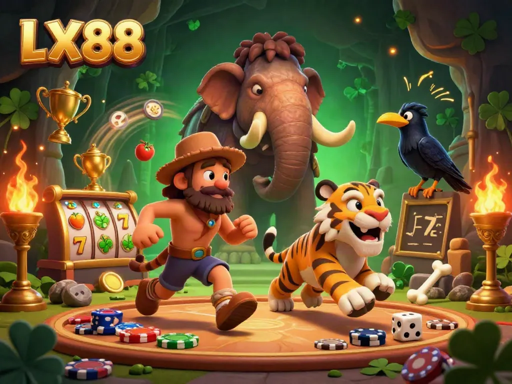 Experience the thrill of winning at LX88's vibrant casino with an energetic caveman and sabertooth tiger.